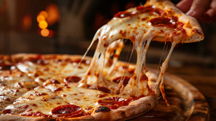 Stretching Perfection: A Hand Lifts a Slice of Delicious Pizza, Revealing Long, Gooey Strands of Melted Cheese that Promise a Truly Indulgent and Satisfying Bite.
