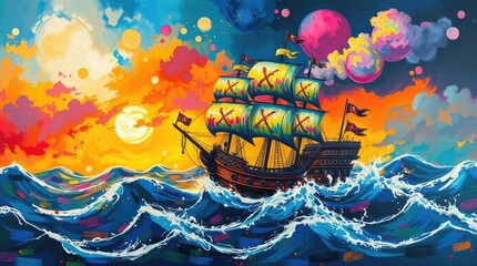 Voyage of Imagination: A vibrant artwork depicts a majestic ship sailing through a sea of color under a dynamic sky filled with dreamlike celestial elements. 