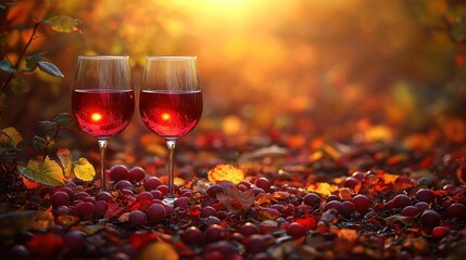 Two glasses of liquid amid autumn foliage