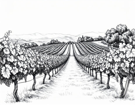 Vineyard landscape pencil drawing with detailed shading and peaceful atmosphere