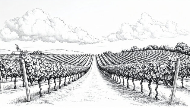 Handdrawn pencil sketch of vineyard rows cloudy sky, showcasing serene rural countryside scene