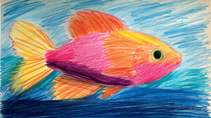 Brightly Colored Fish Crayon Drawing in Pink and Orange