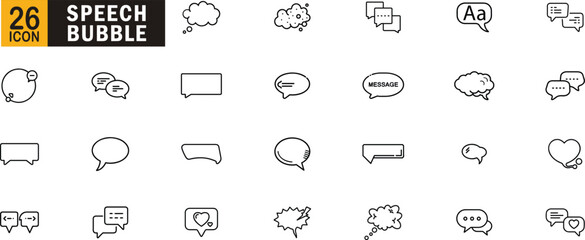 Speech bubble editable outline icon set. Chat, message, comment, thought, dialogue, text and more.