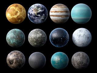 Obraz premium Planets in space celestial bodies universe cosmic spheres planetary textures outer space objects astronomy solar system elements cosmic planets space exploration