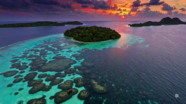 Enchanted Coral Sunset Over Tranquil Tropical Island Landscape
