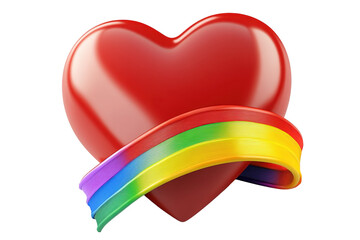 Frontal view of a 3d rendered red heart with an LGBT ribbon wrapped around it