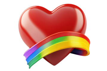 Frontal view of a 3d rendered red heart with an LGBT ribbon wrapped around it