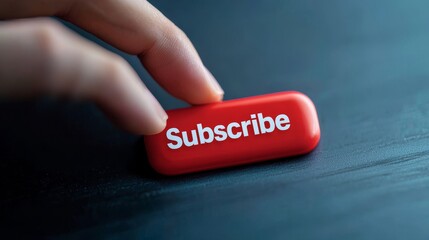 Subscribe Button Concept: A Hand Reaches for the Red Subscribe Button on a Dark Background, symbolizing online engagement and content creation.