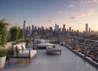Obraz premium Modern condo unit, city skyline view from rooftop terrace , rooftop, apartment