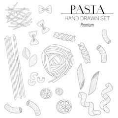 Hand-drawn vector set of Italian pasta types including spaghetti, penne, fusilli, farfalle, ravioli, and macaroni. Ideal for Italian cuisine themes, restaurant menus, and food packaging.
