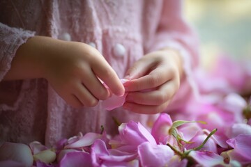 Fototapeta premium A child's hands gently hold rose petals, creating a moment of peaceful innocence.