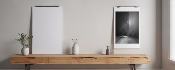 Modern minimalist interior, poster mockup on wooden clips, elegant, mockup