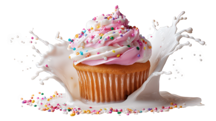 Whimsical cupcake splashes frosting and colorful sprinkles, creating delightful scene of joy and sweetness. vibrant colors and playful mess evoke sense of fun and celebration