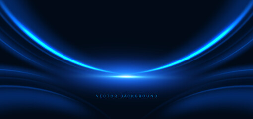 Abstact blue curved rays glowing on dark blue background.