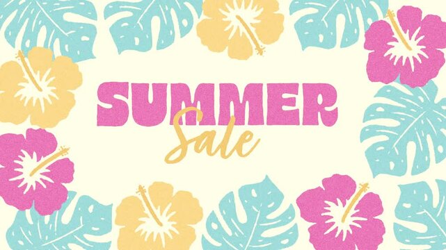 animated summer background with hibiscus flowers and tropical leaves swaying in the wind animation