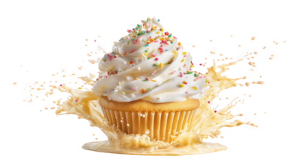 Whimsical cupcake splashes frosting and colorful sprinkles, creating delightful scene of joy and celebration. vibrant colors and playful design evoke sense of fun and indulgence