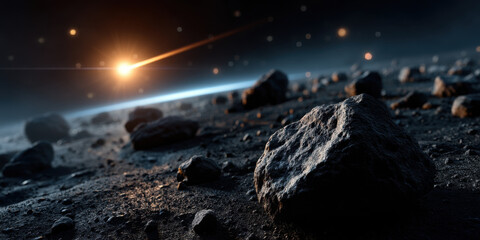 Asteroid impact approaching rocky surface in space with glowing meteor and distant stars, creating dramatic and intense cosmic scene