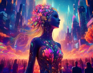 Obraz premium Mother nature embracing futuristic city, vibrant colors of harmony and hope