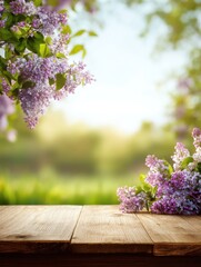Wooden table with blooming lilac flowers in soft sunlight, pastel purple and green color palette, perfect for spring, nature, garden, and outdoor lifestyle themes.