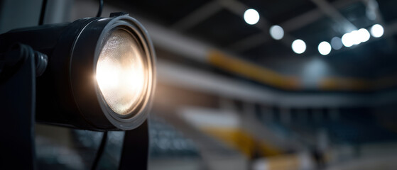 Bright spotlight closeup in sports arena with blurred background lights creating dramatic and focused atmosphere for event or performance