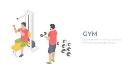 pt personal trainer for health sport with modern isometric style. Gym concept characters with exercise machines.