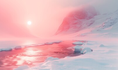 Foggy winter landscape with warm pink sunlight reflecting on icy river, digital illustration, web header