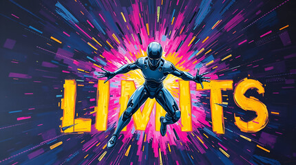 An AI figure breaking through a digital wall labeled "LIMITS", shards of glowing code flying around, confident forward motion, powerful symbolism of progress and freedom, Generative Ai