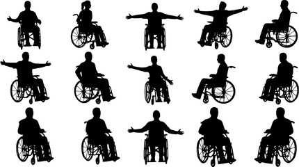 Group people in wheelchair different ages in various poses vector silhouette set collection