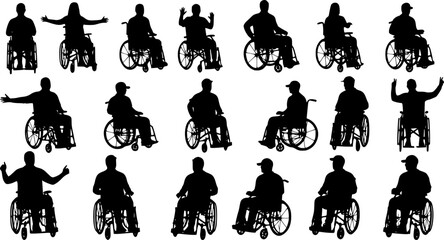 Group people in wheelchair different ages in various poses vector silhouette set collection