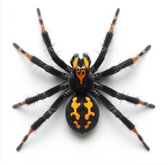 Obraz premium Macro view of a vibrant spider with orange and black patterns on a clean white background showcasing intricate details