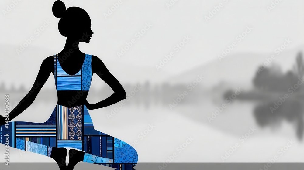 Poster serene silhouette of a calm figure in blue patterns against a tranquil ocean background with soft wa
