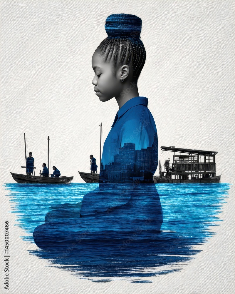 Poster tranquil ocean scene with double exposure reflecting calmness and flowing foam over serene waters an