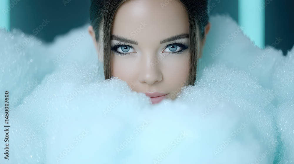 Poster serene calmness in ocean foam with ethereal model expressions in soft double exposure artistry