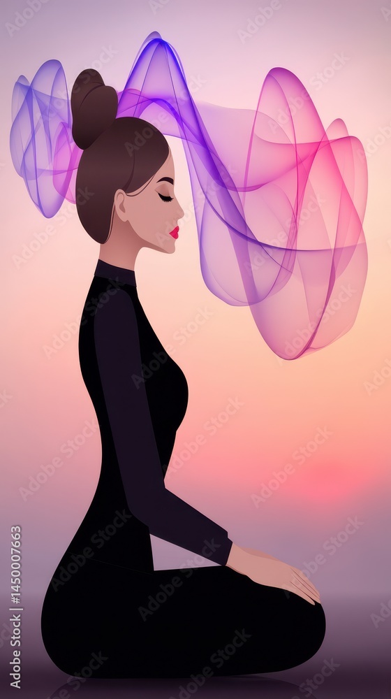 Poster tranquil ocean calm with double exposure effect illustrating soft flowing foam and colorful waves
