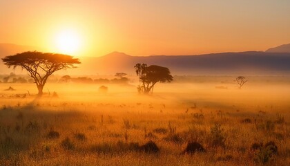 Naklejka premium Golden sunrise illuminating misty savanna in africa