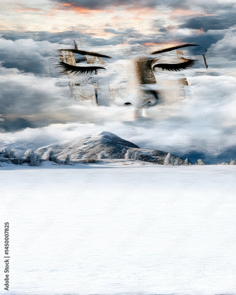 Poster serene ocean calm with dreamy double exposure technique featuring soft clouds and flowing foam for t