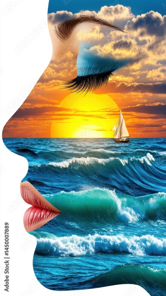 Poster serene ocean and sunset reflection captured in double exposure art with soft flowing waves and tranq