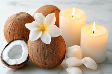 Spa-like arrangement of coconuts, flowers, and candles