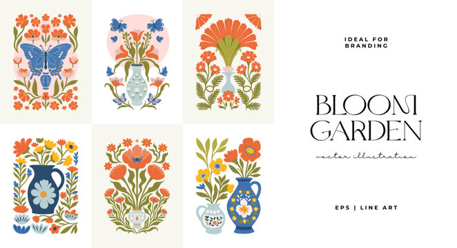 Fototapeta Floral abstract elements. Botanical composition. Modern trendy Matisse minimal style. Floral poster, invite. Vector arrangements for greeting card or invitation design