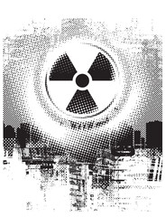 Vector banner on the theme of nuclear war, disaster at the nuclear power plant with a sign of radiation danger on the background of pixels simulating contamination and a cityscape. No AI is used.