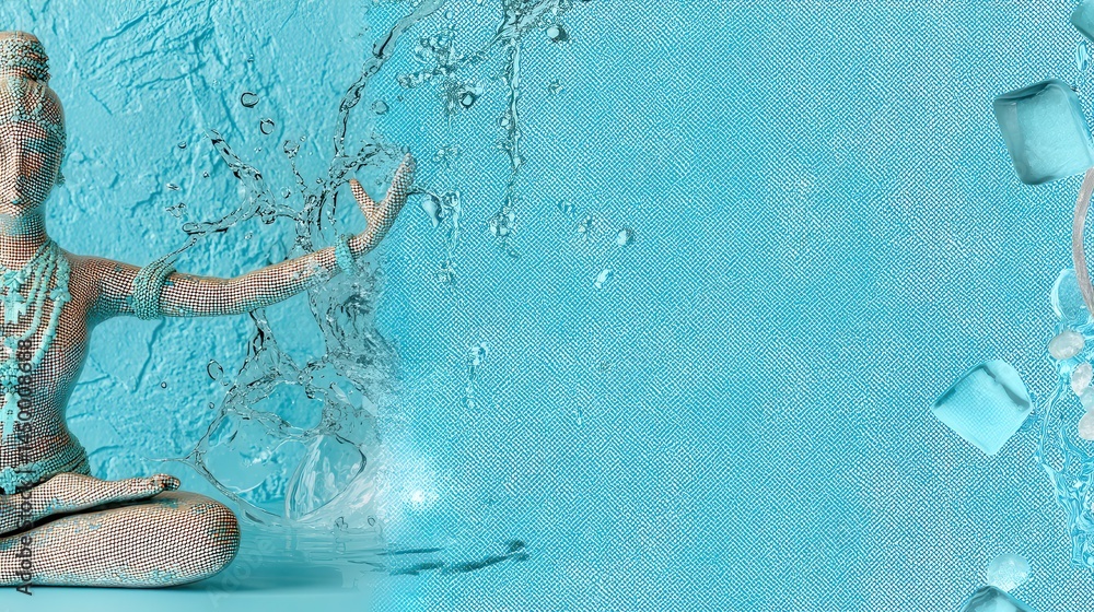 Poster calm ocean scene with serene yogi in meditative pose surrounded by water elements and soft textures 