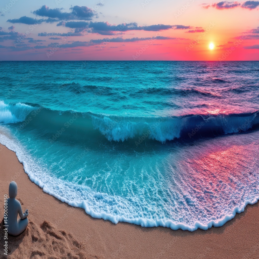 Poster serene beach at sunset with calm ocean waves in a double exposure effect capturing tranquility and p