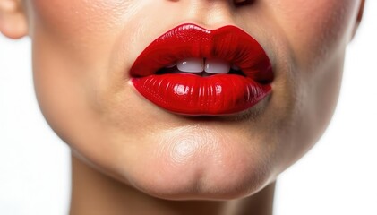 Naklejka premium Close-up of vibrant red lipstick, stark white backdrop, skincare, bold, white