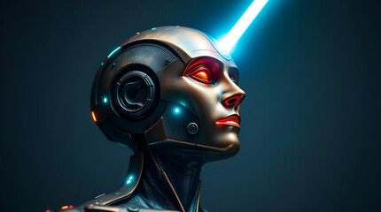 A cool-toned humanoid AI rises within a data light beam, surrounded by digital fragments. Blues, greens, and purples dominate, high contrast, top-down perspective, Generative Ai