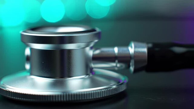 A Close-Up View of a Silver Stethoscope on a Dark Surface, with Abstract Colorful Bokeh Background Creating a Clinical Yet Artistic Atmosphere
