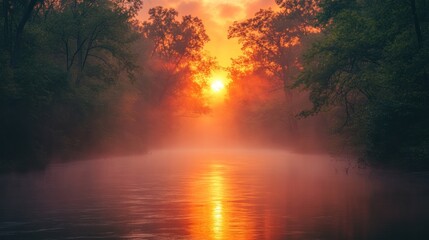 Obraz premium Misty River Sunrise: A Serene Dawn