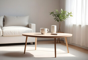 Wooden table, empty table, living room background. Minimalist style room. Modern home, Scandinavian, warm simple interior. Minimal room. sunlight, wooden floor,white wall, beige wall. good for key up.