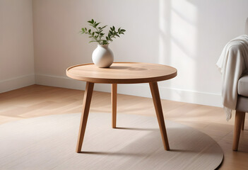 Wooden table, empty table, living room background. Minimalist style room. Modern home, Scandinavian, warm simple interior. Minimal room. sunlight, wooden floor,white wall, beige wall. good for key up.