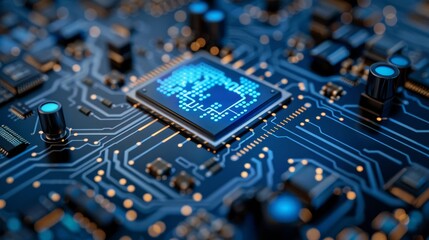Illuminated blue digital lock integrated into a circuit board design for enhanced security