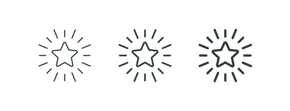 Shining premium star, excellence award, outline icons. Line signs sparkling five-pointed star with rays. Vector isolated pictograms for web and app on white background editable stroke.